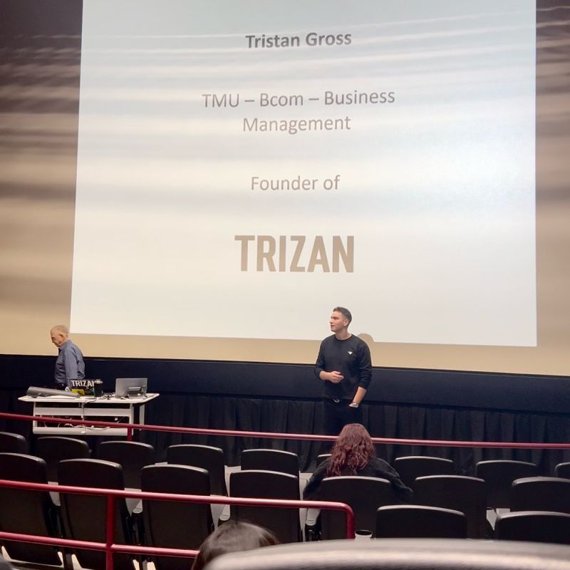 Tristan Gross introduced on stage as Founder of TRIZAN, TMU B.Com Business Management